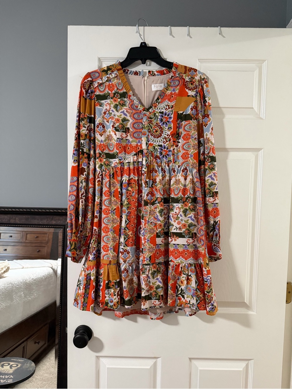 Fate Patchwork Floral V‑Neck Long Sleeve Dress - Orange, Green, Blue